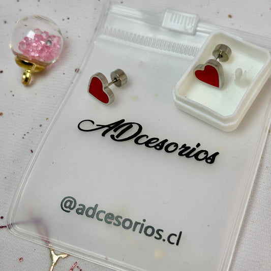 Mini Aros Acero Quirúrgico Plateado Corazón Rojo - Tope Presión Abridor