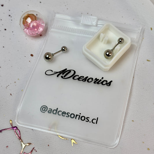 Mini Aros Acero Quirúrgico Plateado Doble Esfera 4MM - Tope Tornillo