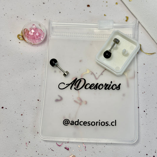 Aros Acero Quirúrgico Plateado Perla Negra 5MM - Tope Tornillo