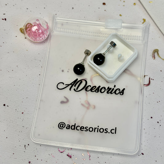 Aros Acero Quirúrgico Plateado Perla Negra 7MM - Tope Tornillo