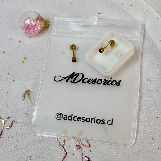 Mini Aros Acero Quirúrgico Dorado Circón Burdeo 3MM - Tope Tornillo