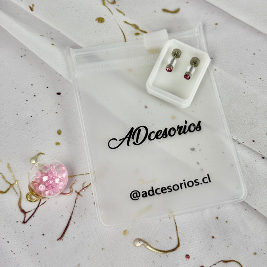 Mini Aros Acero Quirúrgico Plateado Circón Rosa 3MM - Tope Tornillo