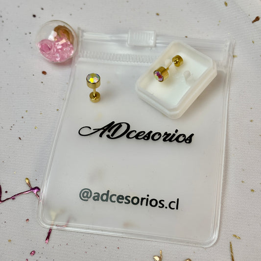 Mini Aros Acero Quirúrgico Dorado Circón Tornasol 5MM - Tope Tornillo