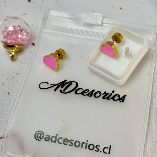 Mini Aros Acero Quirúrgico Dorado Corazón Rosa - Tope Presión Abridor