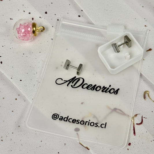 Mini Aros Acero Quirúrgico Doble Cuadrado Plateado - Tope Tornillo