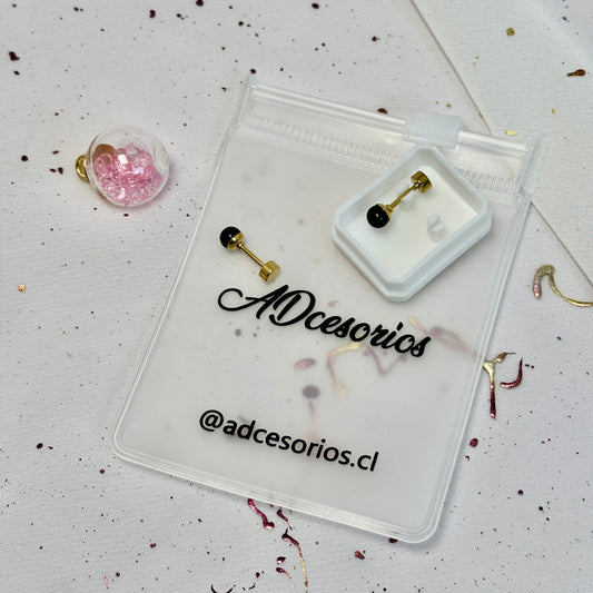 Mini Aros Acero Quirúrgico Dorado Perla Negra 4MM - Tope Tornillo