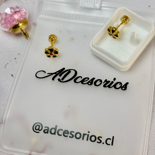 Mini Aros Acero Quirúrgico Dorado Flor Negro - Tope Tornillo
