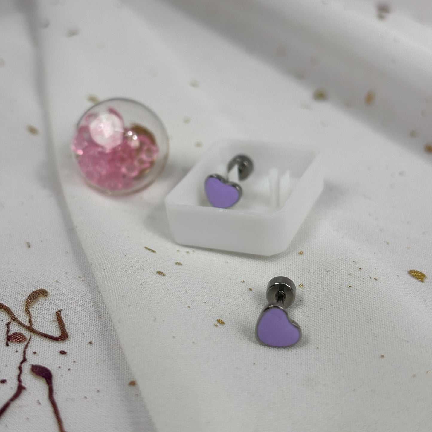 Mini Aros Acero Quirúrgico Plateado Corazón Lila - Tope Tornillo