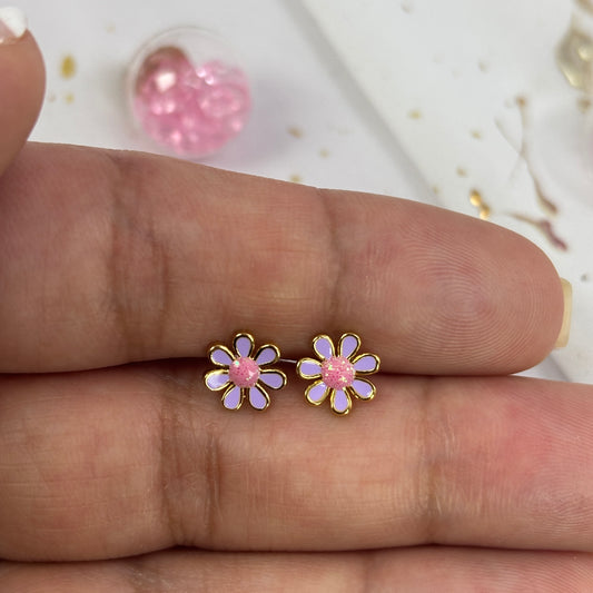 Mini Aros Acero Quirúrgico Dorado Flor Lila - Tope Tornillo