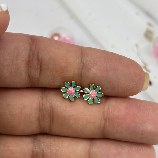 Mini Aros Acero Quirúrgico Dorado Flor Turquesa - Tope Tornillo