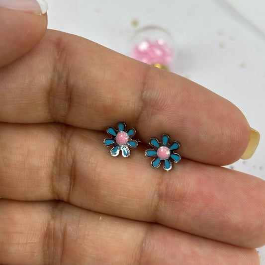 Mini Aros Acero Quirúrgico Plateado Flor Turquesa - Tope Tornillo