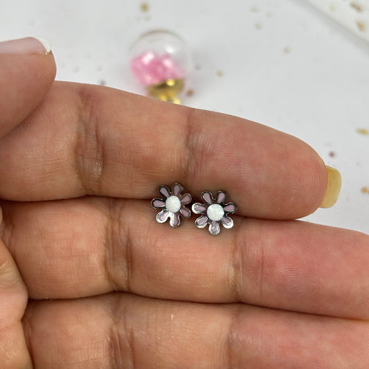 Mini Aros Acero Quirúrgico Plateado Flor Rosa - Tope Tornillo