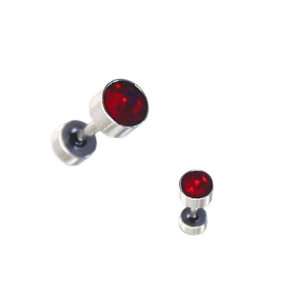 Mini Aros Acero Quirúrgico Plateado Circón Rojo 5MM - Tope Tornillo