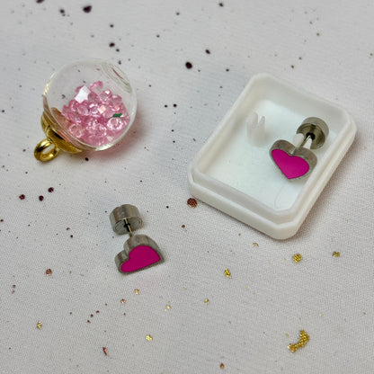 Mini Aros Acero Quirúrgico Plateado Corazón Rosa - Tope Presión Abridor