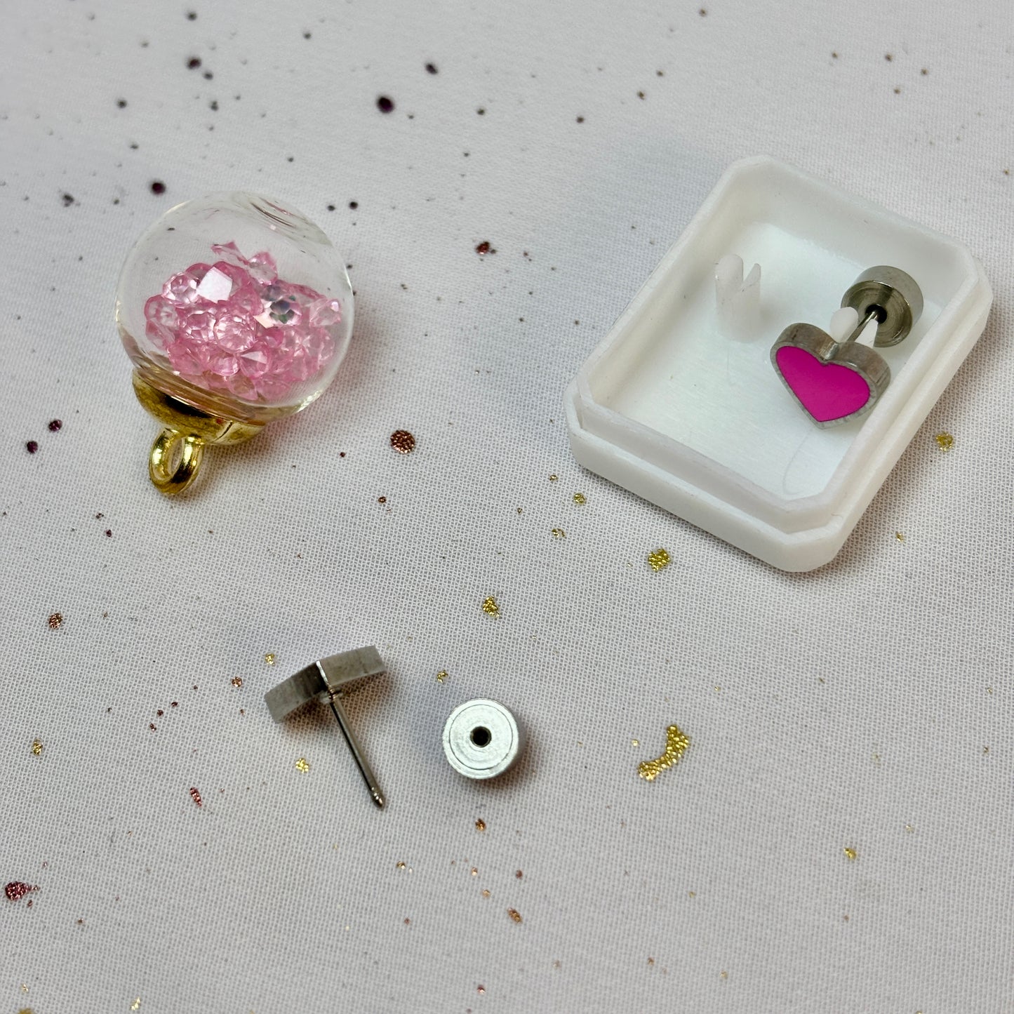 Mini Aros Acero Quirúrgico Plateado Corazón Rosa - Tope Presión Abridor