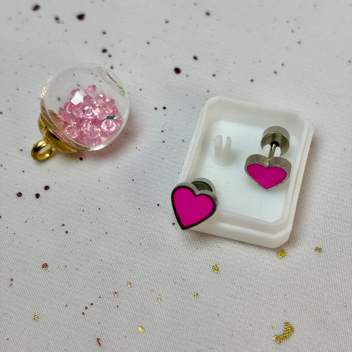 Mini Aros Acero Quirúrgico Plateado Corazón Rosa - Tope Presión Abridor