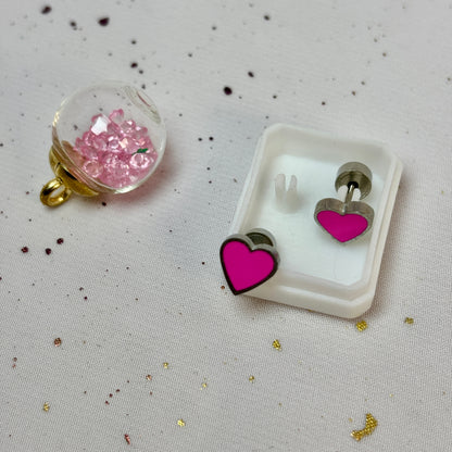 Mini Aros Acero Quirúrgico Plateado Corazón Rosa - Tope Presión Abridor