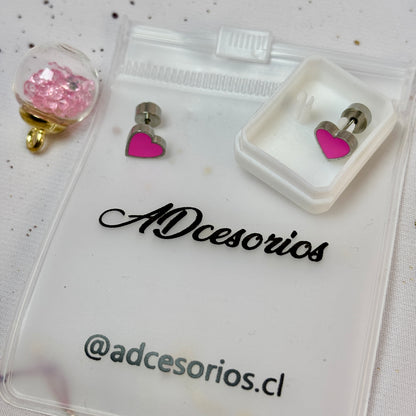 Mini Aros Acero Quirúrgico Plateado Corazón Rosa - Tope Presión Abridor
