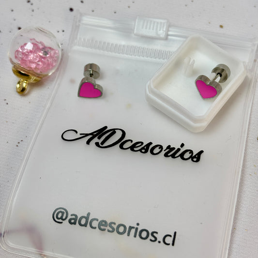 Mini Aros Acero Quirúrgico Plateado Corazón Rosa - Tope Presión Abridor