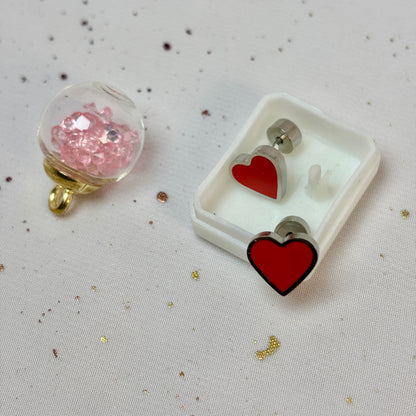 Mini Aros Acero Quirúrgico Plateado Corazón Rojo - Tope Presión Abridor