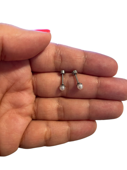 Mini Aros Acero Quirúrgico Plateado Perla 4MM - Tope Tornillo