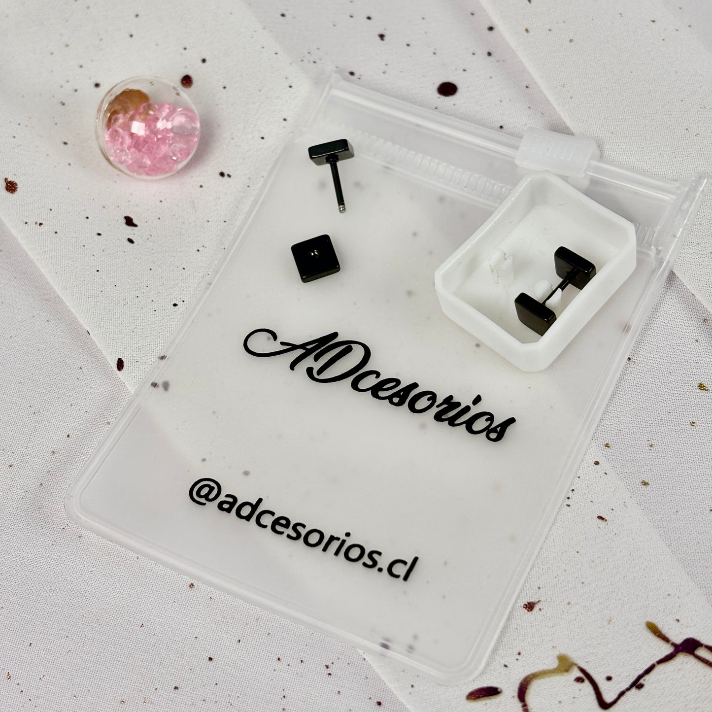 Mini Aros Acero Quirúrgico Doble Cuadrado Negro - Tope Tornillo