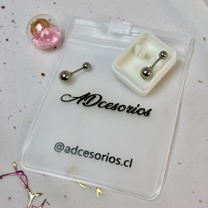 Mini Aros Acero Quirúrgico Plateado Doble Esfera 4MM - Tope Tornillo