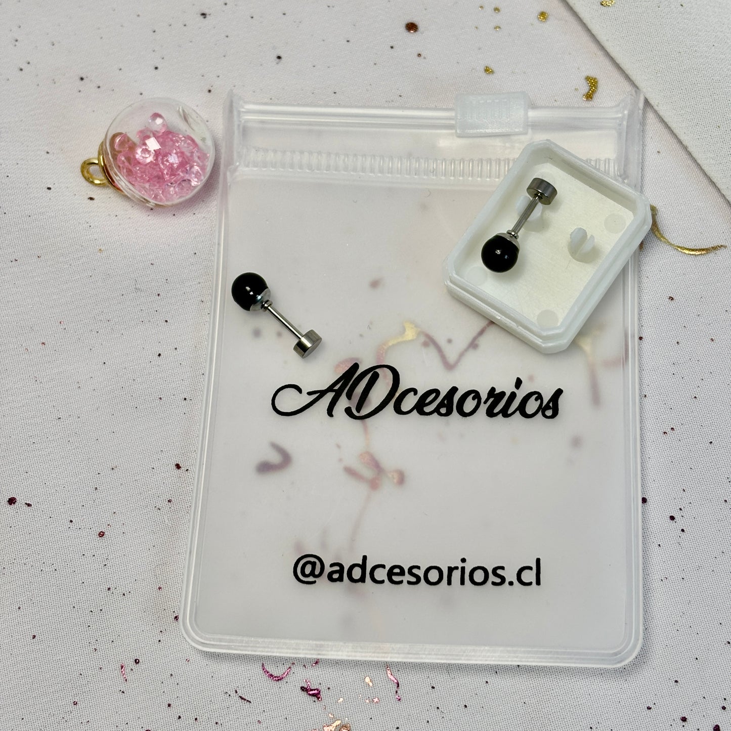 Aros Acero Quirúrgico Plateado Perla Negra 5MM - Tope Tornillo