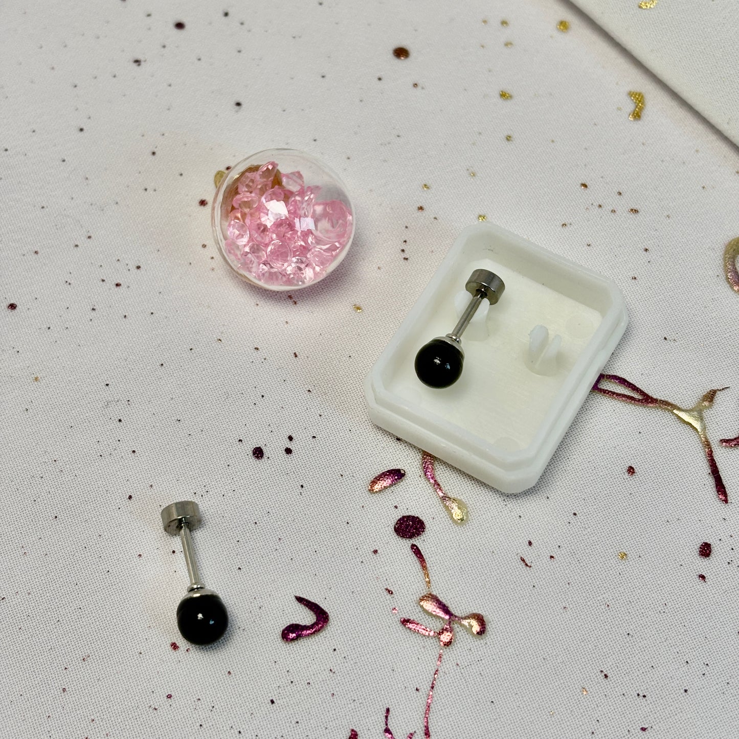 Aros Acero Quirúrgico Plateado Perla Negra 5MM - Tope Tornillo