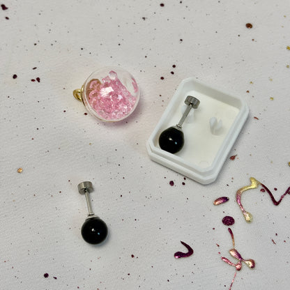 Aros Acero Quirúrgico Plateado Perla Negra 7MM - Tope Tornillo