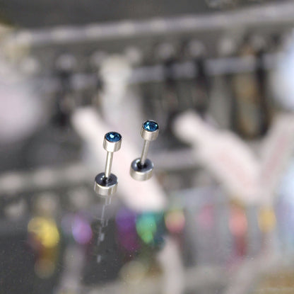 Mini Aros Acero Quirúrgico Plateado Circón Azul 3MM - Tope Tornillo