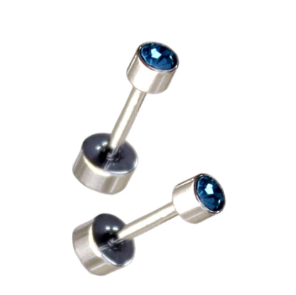 Mini Aros Acero Quirúrgico Plateado Circón Azul 3MM - Tope Tornillo