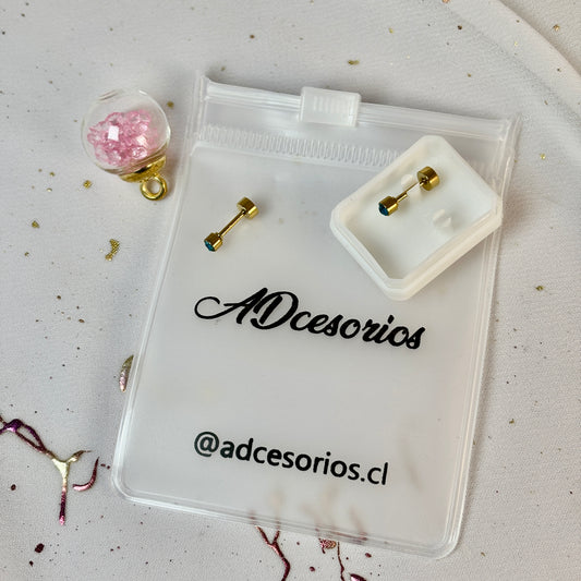 Mini Aros Acero Quirúrgico Dorado Circón Azul 3MM - Tope Tornillo