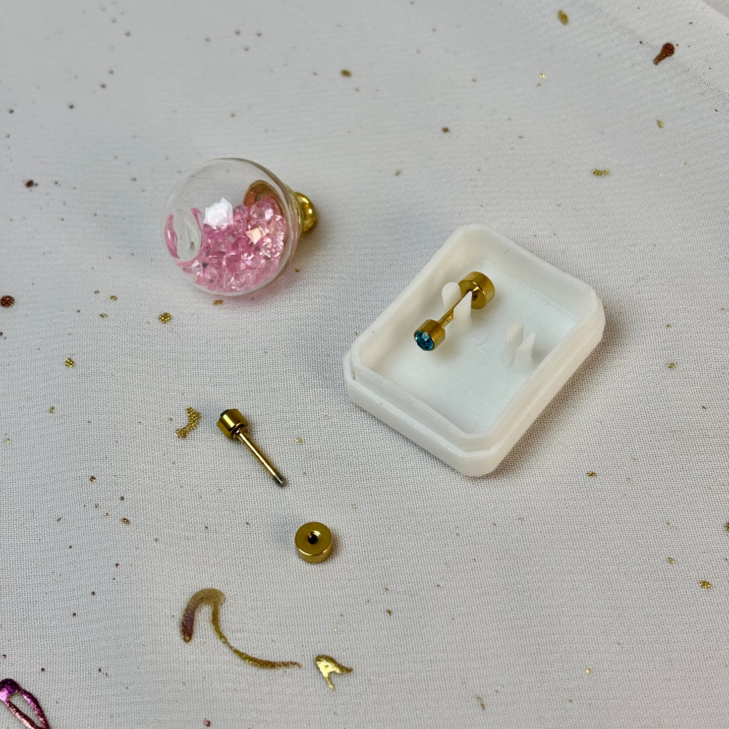 Mini Aros Acero Quirúrgico Dorado Circón Azul 3MM - Tope Tornillo