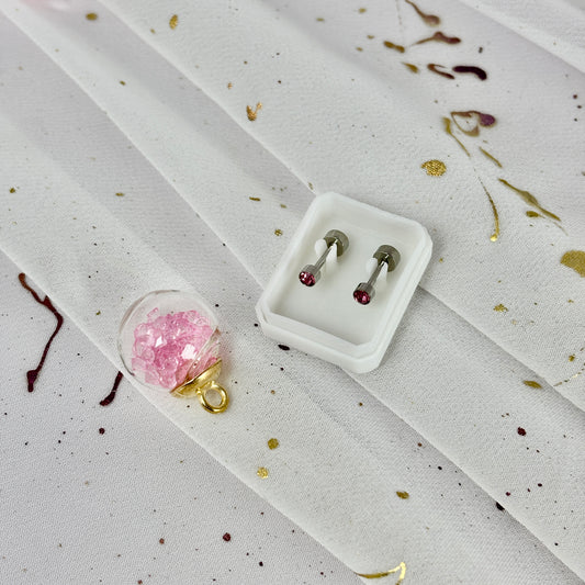 Mini Aros Acero Quirúrgico Plateado Circón Rosa 3MM - Tope Tornillo