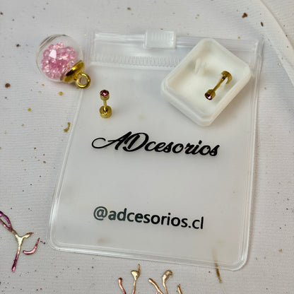 Mini Aros Acero Quirúrgico Dorado Circón Rosa 3MM - Tope Tornillo
