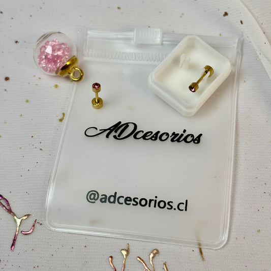 Mini Aros Acero Quirúrgico Dorado Circón Rosa 3MM - Tope Tornillo