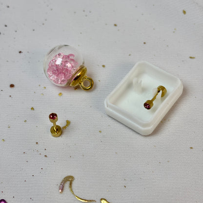 Mini Aros Acero Quirúrgico Dorado Circón Rosa 3MM - Tope Tornillo