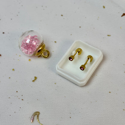 Mini Aros Acero Quirúrgico Dorado Circón Rosa 3MM - Tope Tornillo