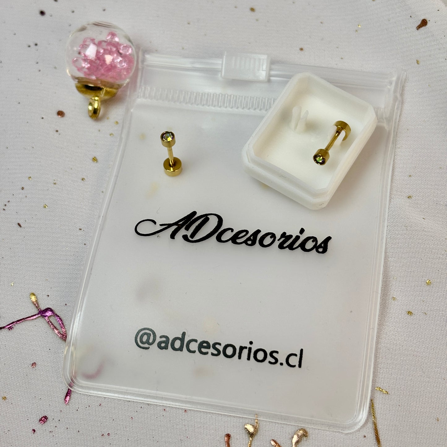 Mini Aros Acero Quirúrgico Dorado Circón Tornasol 3MM - Tope Tornillo