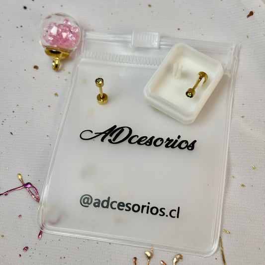 Mini Aros Acero Quirúrgico Dorado Circón Tornasol 3MM - Tope Tornillo