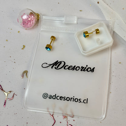 Mini Aros Acero Quirúrgico Dorado Circón Azul 5MM - Tope Tornillo