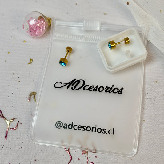 Mini Aros Acero Quirúrgico Dorado Circón Azul 5MM - Tope Tornillo