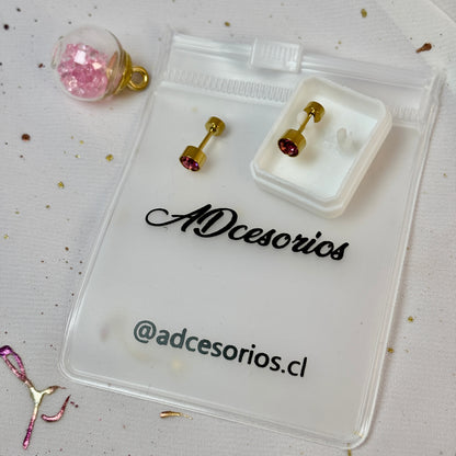 Mini Aros Acero Quirúrgico Dorado Circón Rosa 5MM - Tope Tornillo