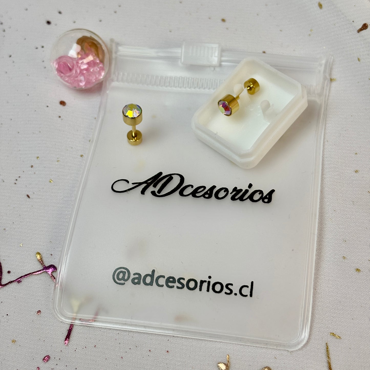 Mini Aros Acero Quirúrgico Dorado Circón Tornasol 5MM - Tope Tornillo