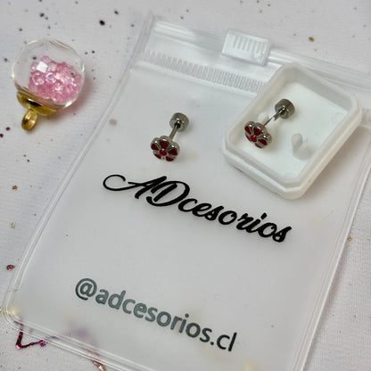 Mini Aros Acero Quirúrgico Plateado Flor Rojo - Tope Tornillo
