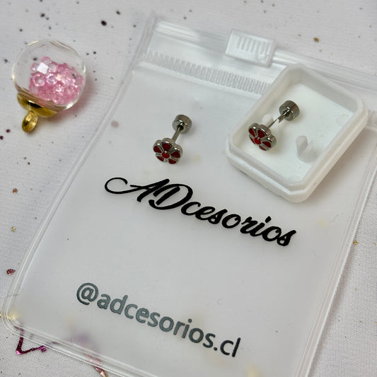 Mini Aros Acero Quirúrgico Plateado Flor Rojo - Tope Tornillo