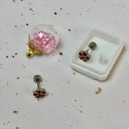 Mini Aros Acero Quirúrgico Plateado Flor Rojo - Tope Tornillo