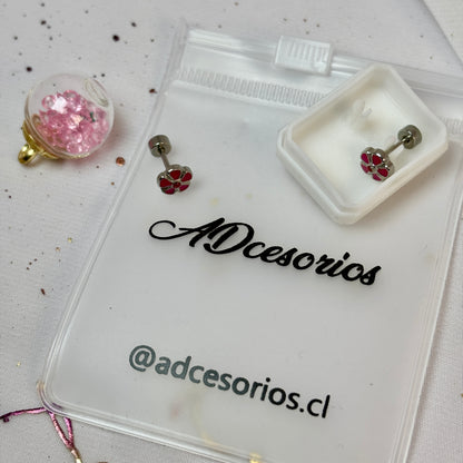 Mini Aros Acero Quirúrgico Plateado Flor Fucsia - Tope Tornillo