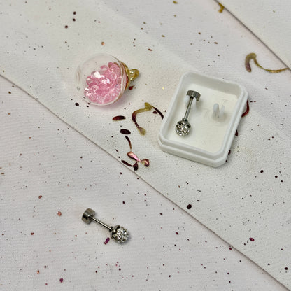 Mini Aros Acero Quirúrgico Plateado Esfera Circón 4MM - Tope Tornillo